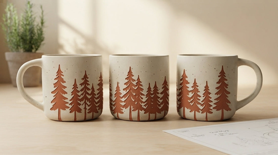 Three rotational views of the same Evergreen Forest Stoneware Mug reveal its terracotta pine composition on speckled Vanilla Ice glaze.