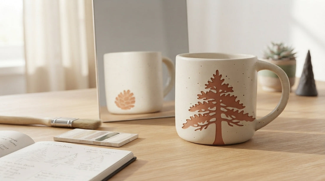 One double-sided Grand Pine Stoneware Mug shown front-on beside a narrow mirror that reveals its small reverse pine cone.