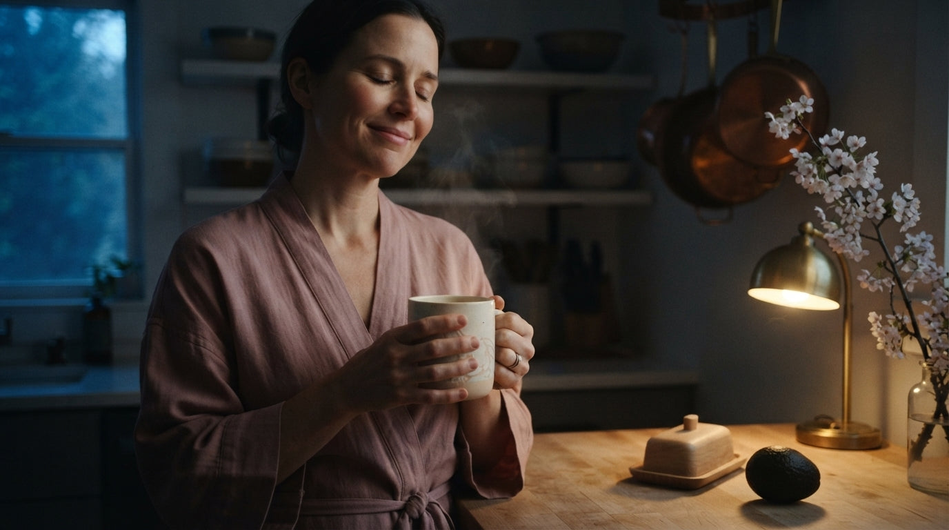 Woman in a soft robe holding a cream pottery mug in a quiet kitchen at dawn. Peaceful morning sanctuary and slow living.