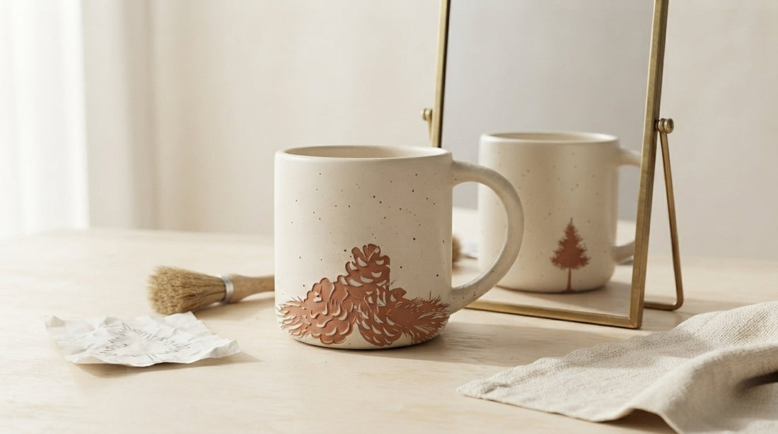 One double-sided Evergreen Stoneware Mug shown from the front with its pine tree reverse reflected in a studio mirror.