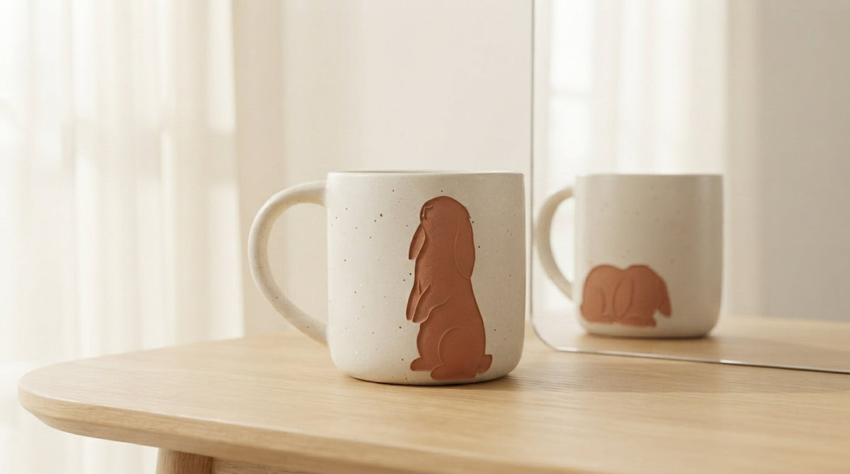 ROOT24STUDIO 12 oz double-sided Lop Bunny Stoneware Mug on a light honey oak table, cleverly reflected in a mirror to show both the standing terracotta bunny and sleeping bunny designs simultaneously.