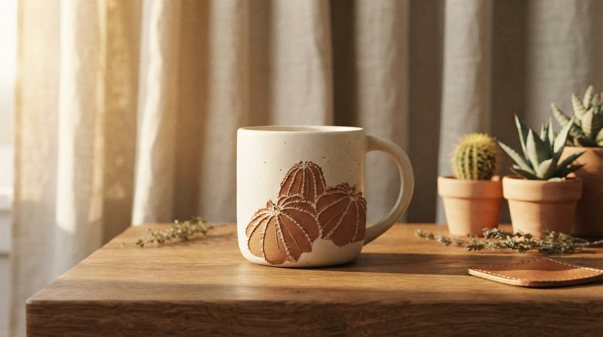 ROOT24STUDIO Cactus Stoneware Mug with Vanilla Ice speckled glaze and raw terracotta barrel cacti on a sunlit oak workbench