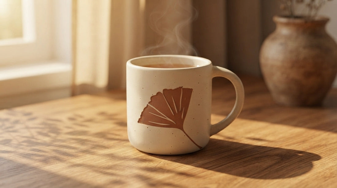 ROOT24STUDIO Ginkgo Stoneware Mug with Vanilla Ice glaze and terracotta ginkgo leaf on a sunlit wooden table