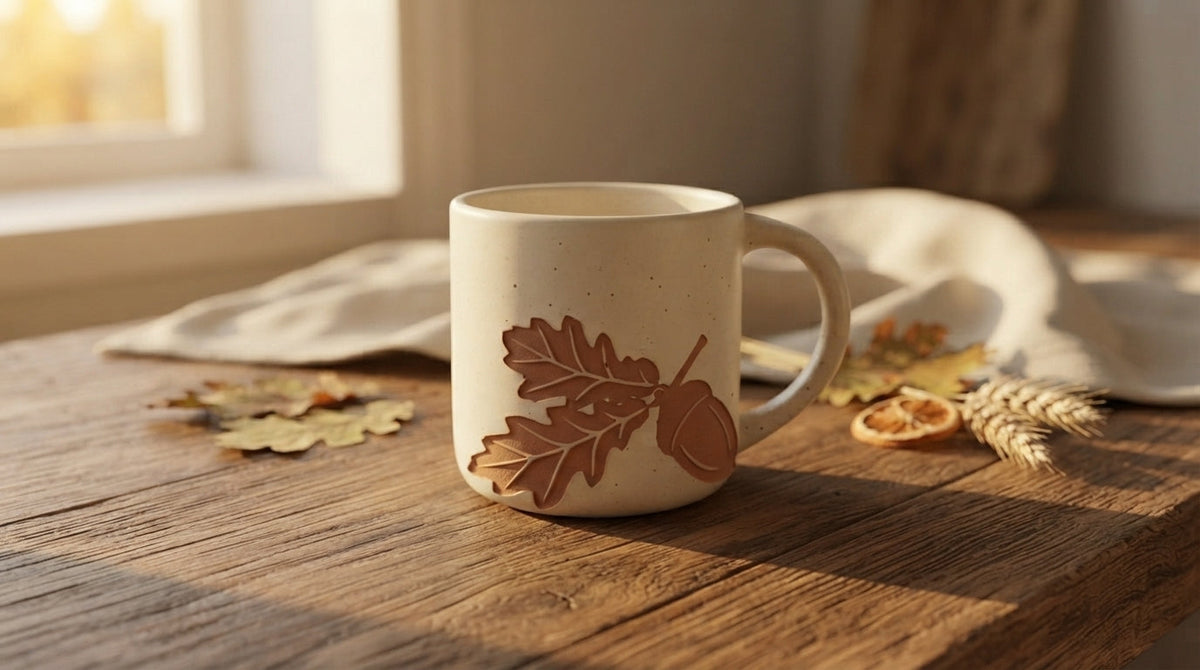 ROOT24STUDIO Acorn Stoneware Mug with Vanilla Ice glaze and terracotta oak silhouette on sunlit wooden table
