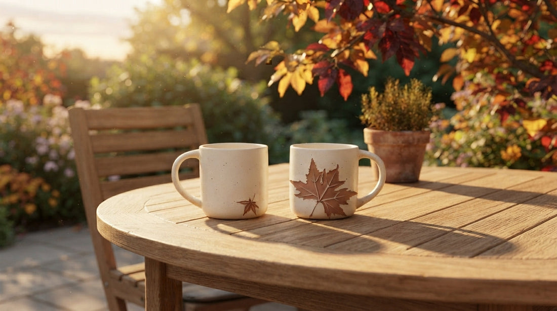 Two ROOT24STUDIO 12oz cream stoneware mugs on a sunlit wooden patio table, displaying both sides of the double-sided raw terracotta maple leaf design in a cozy autumn garden.