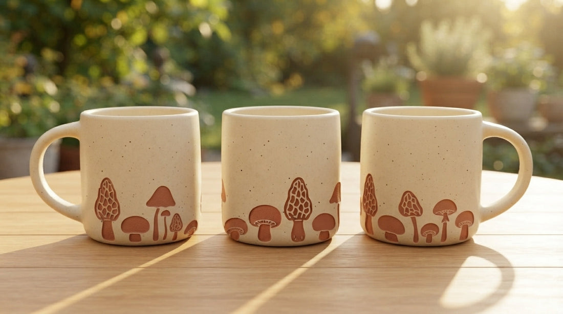 Three rotations of one Wild Mushroom Stoneware Mug on a sunlit round oak table in an early-autumn garden patio.