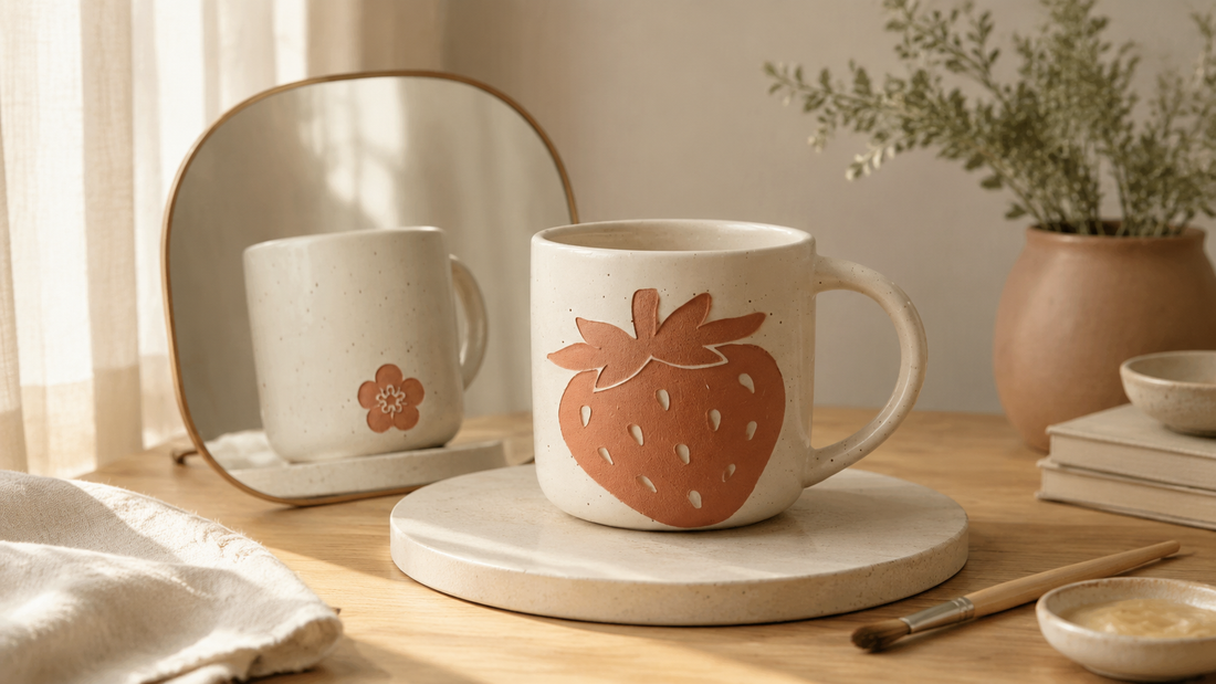 ROOT24STUDIO cream stoneware mug with strawberry motif reflected in a mirror on a sunlit light oak table.