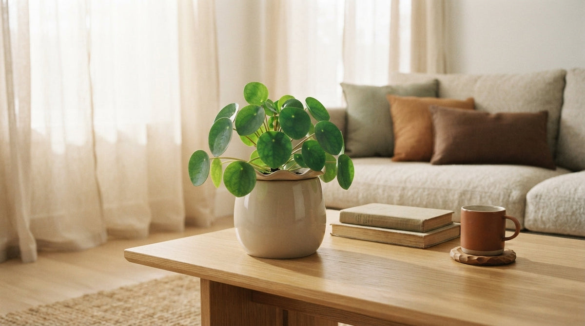 ROOT24STUDIO cream ceramic planter with a Pilea plant on a light oak coffee table in a sunlit cozy living room.