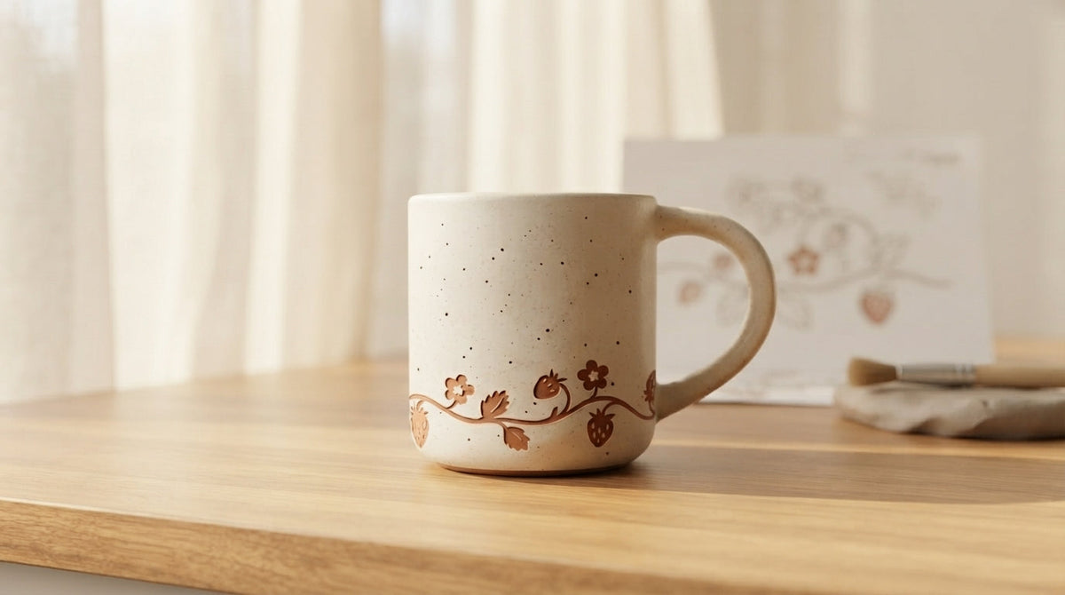 ROOT24STUDIO stoneware ceramic mug with wax resist strawberry vine motif sitting on a light oak studio desk in soft morning light.
