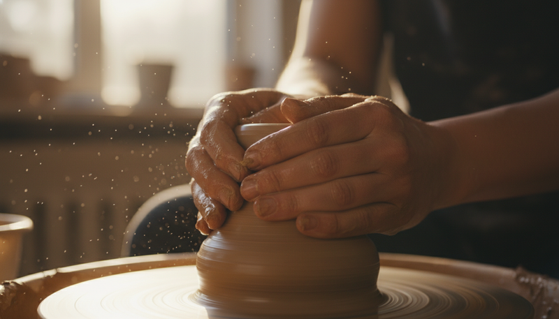 Early bird pre-order crafting process: Potter's hands centering clay on a wheel for ROOT24 stoneware
