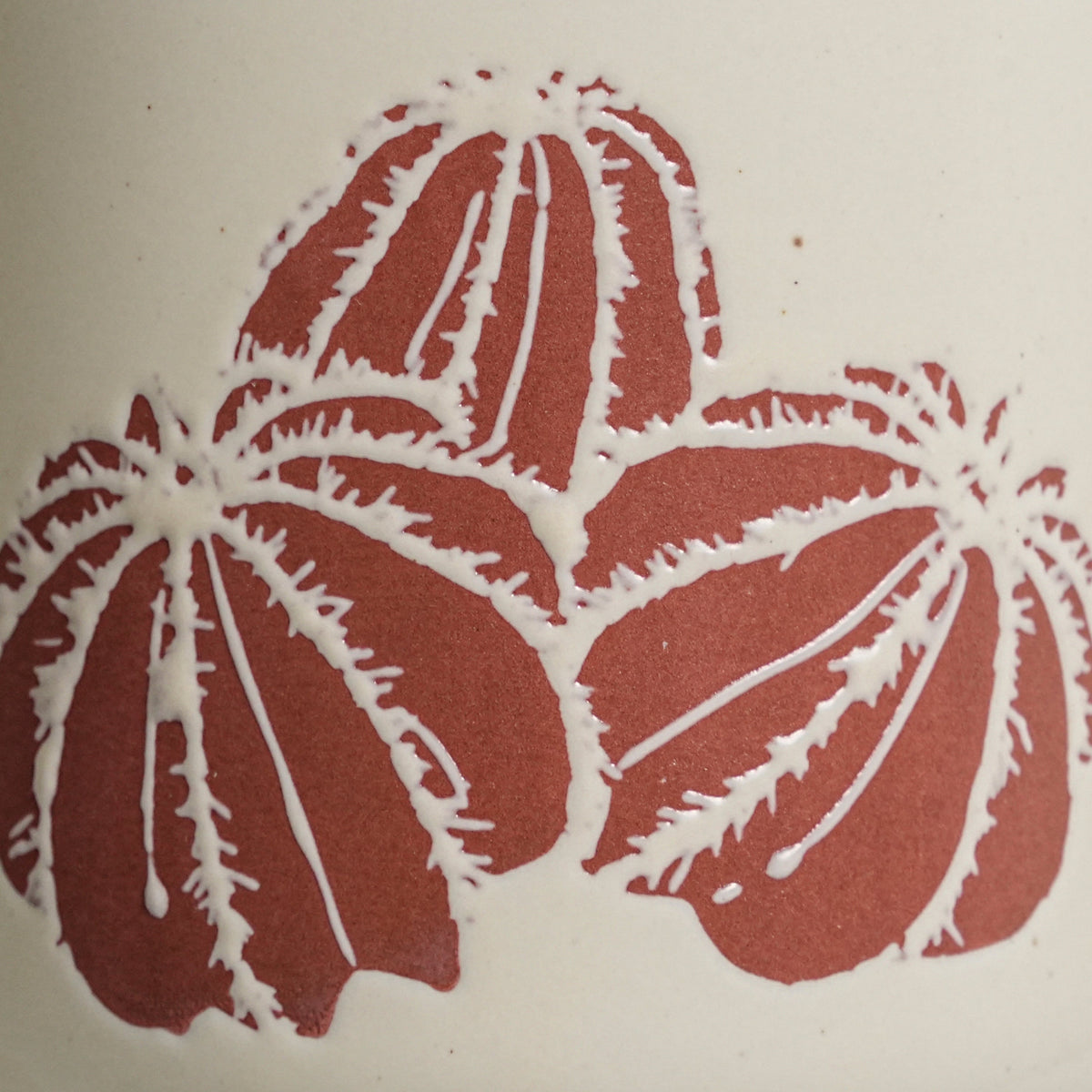 Macro detail of tactile wax-resist barrel cactus relief on matte speckled Vanilla Ice glaze