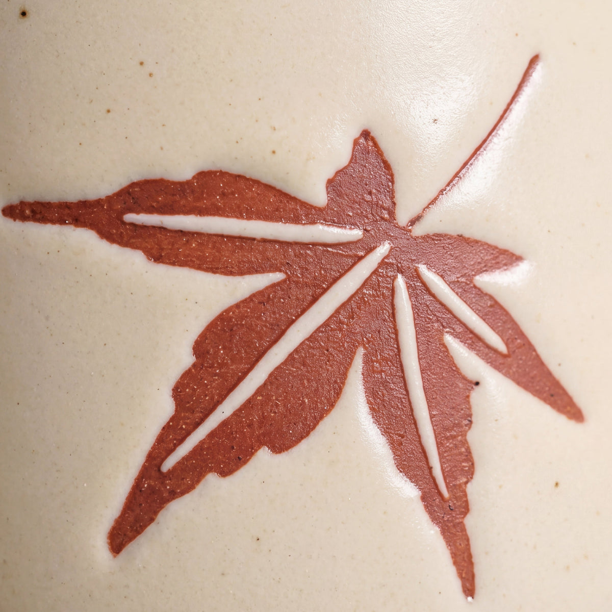 Close-up of the delicate small maple leaf relief on smooth speckled stoneware ceramic