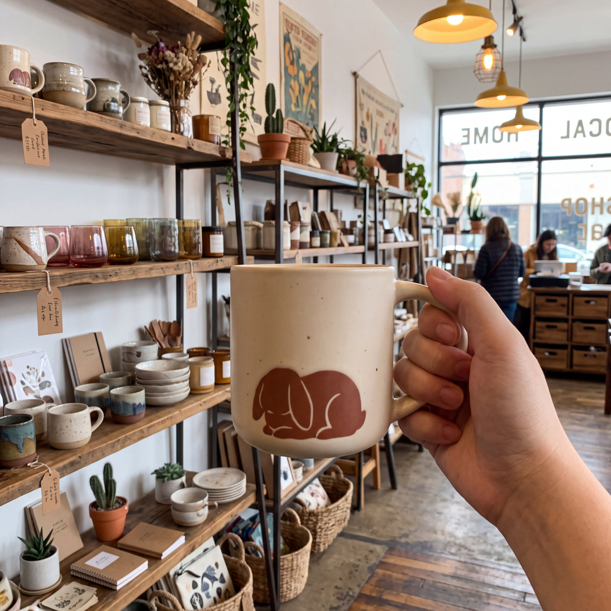 Hand holding The Bunny ceramic mug in a cozy home decor boutique surrounded by wooden shelves and pottery