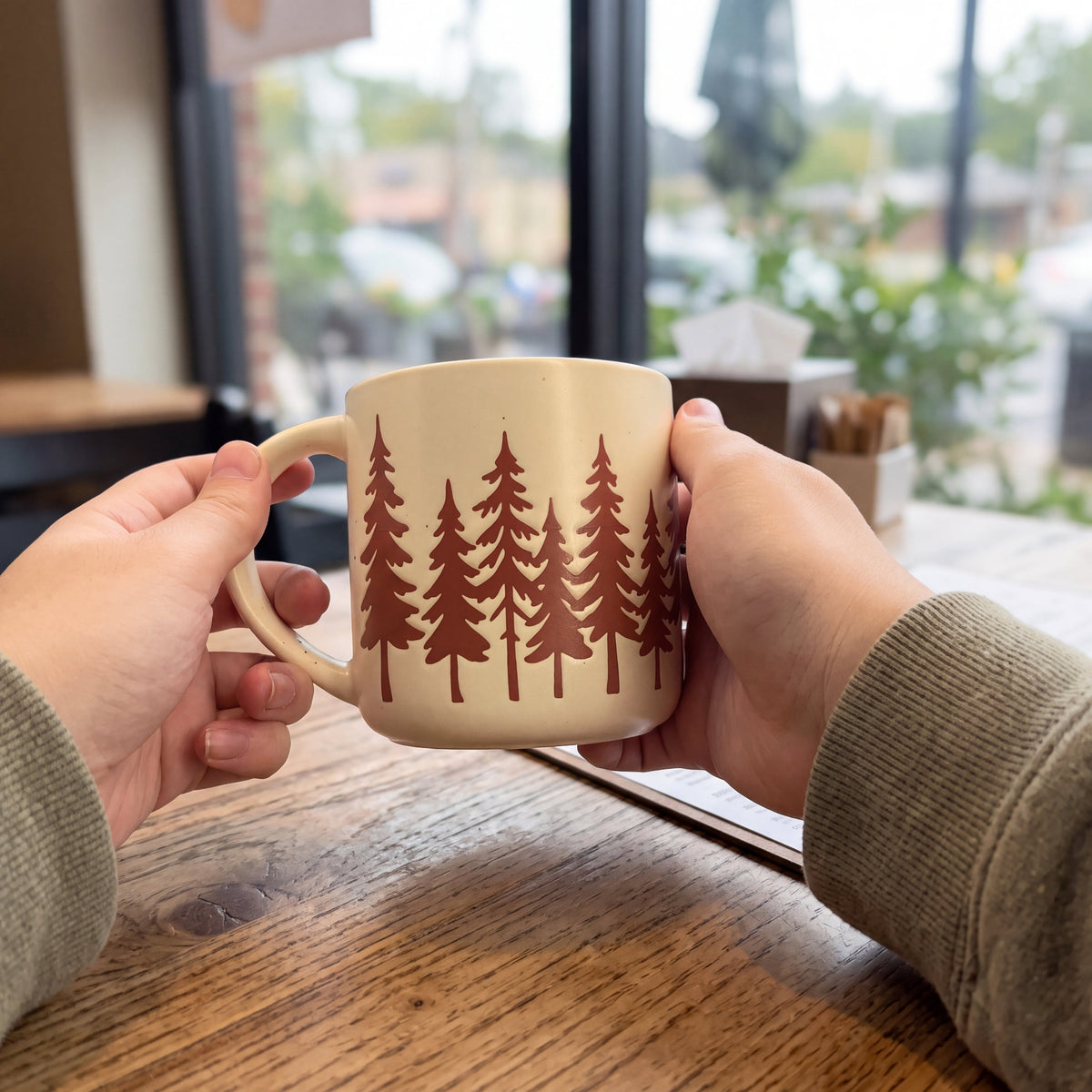 Two hands cradling The Evergreen stoneware mug at a rustic wooden cafe table by the window