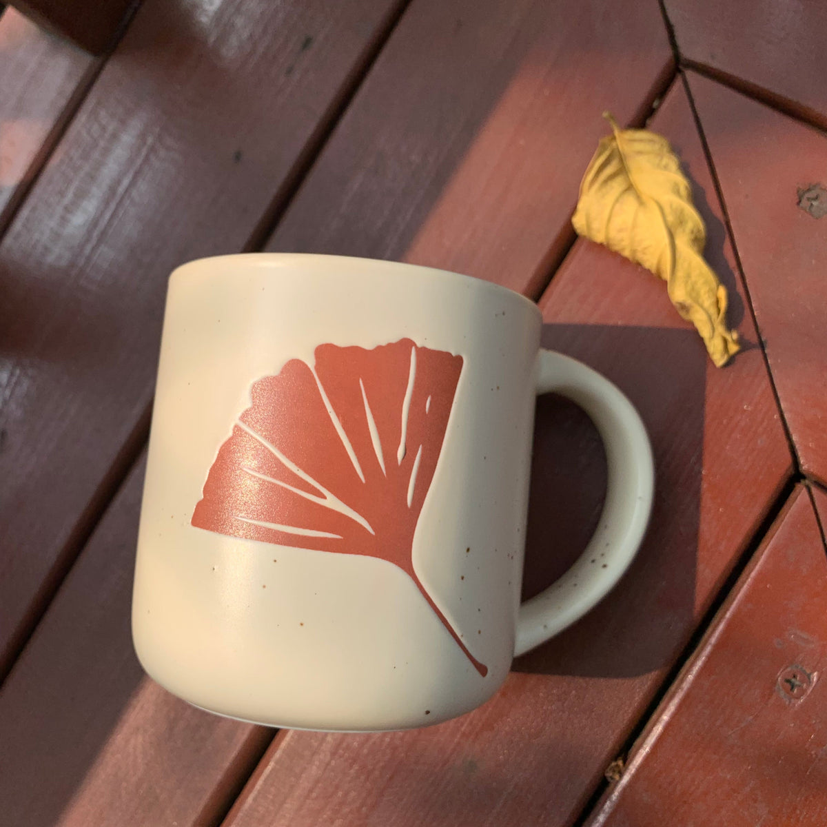 The Ginkgo stoneware mug resting on a sunlit wooden deck beside a fallen autumn leaf