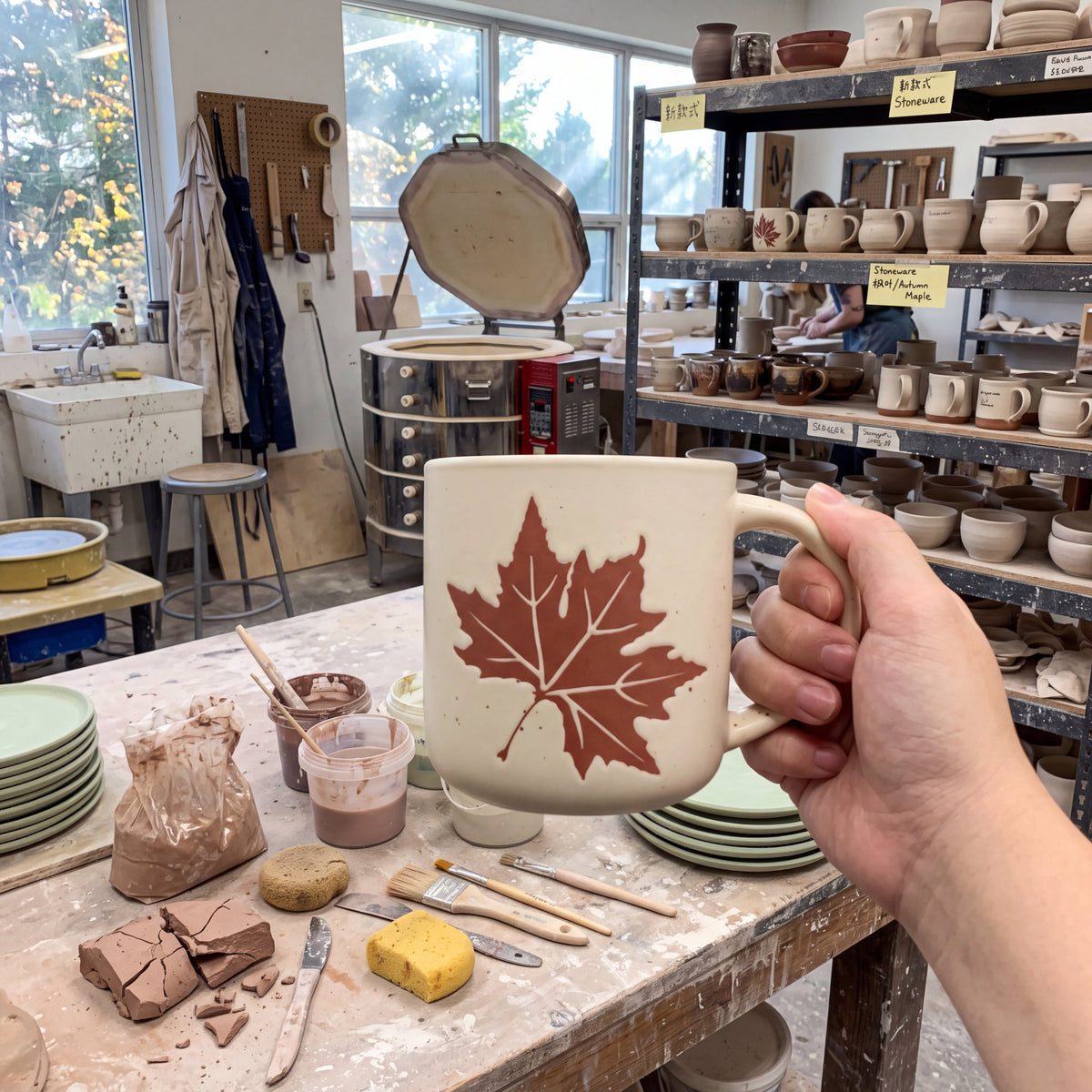 Hand holding The Maple stoneware mug in an authentic ceramic studio with kiln and clay shelves in background