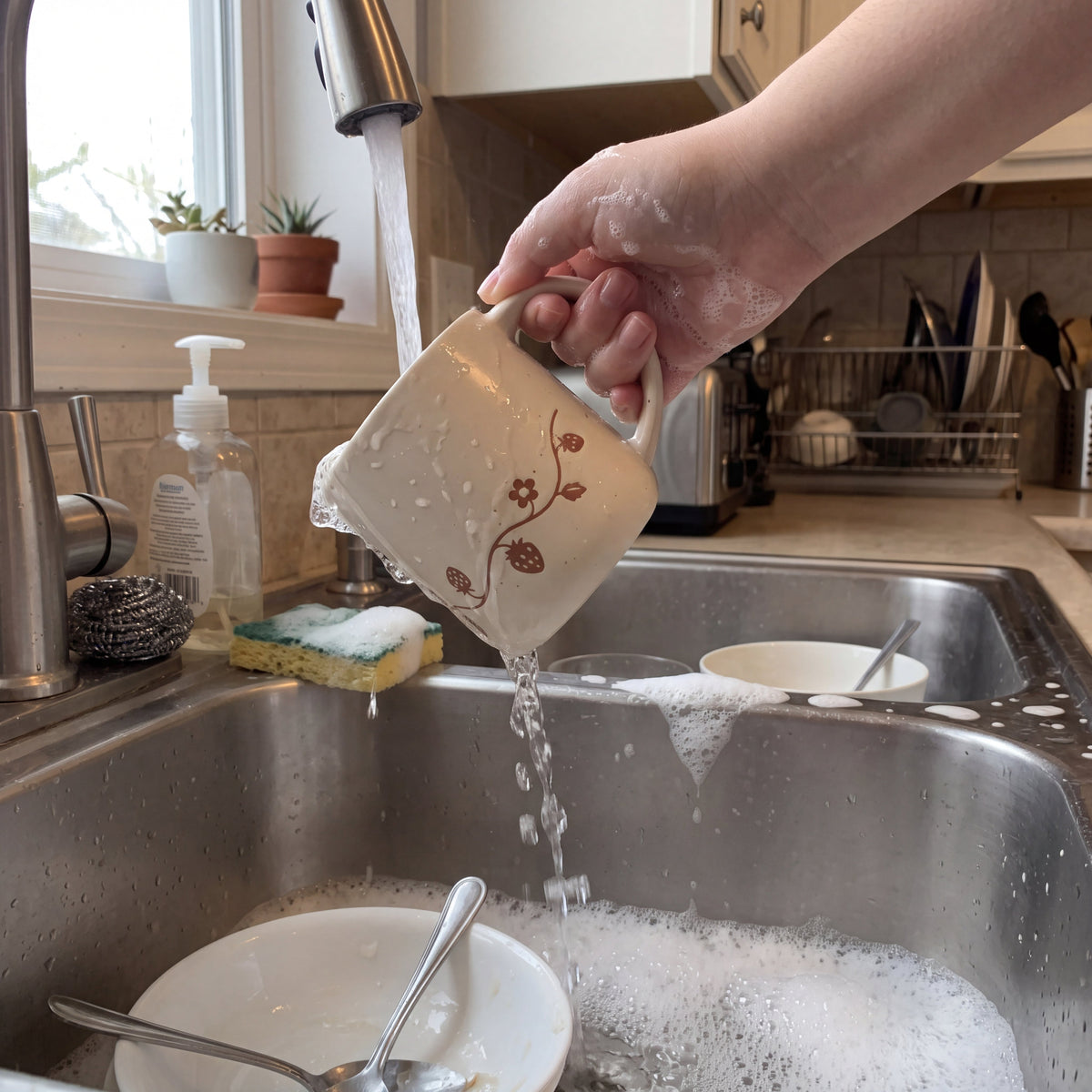 Mindful daily care: rinsing The Wild Strawberry stoneware mug under warm running kitchen tap with gentle soap bubbles