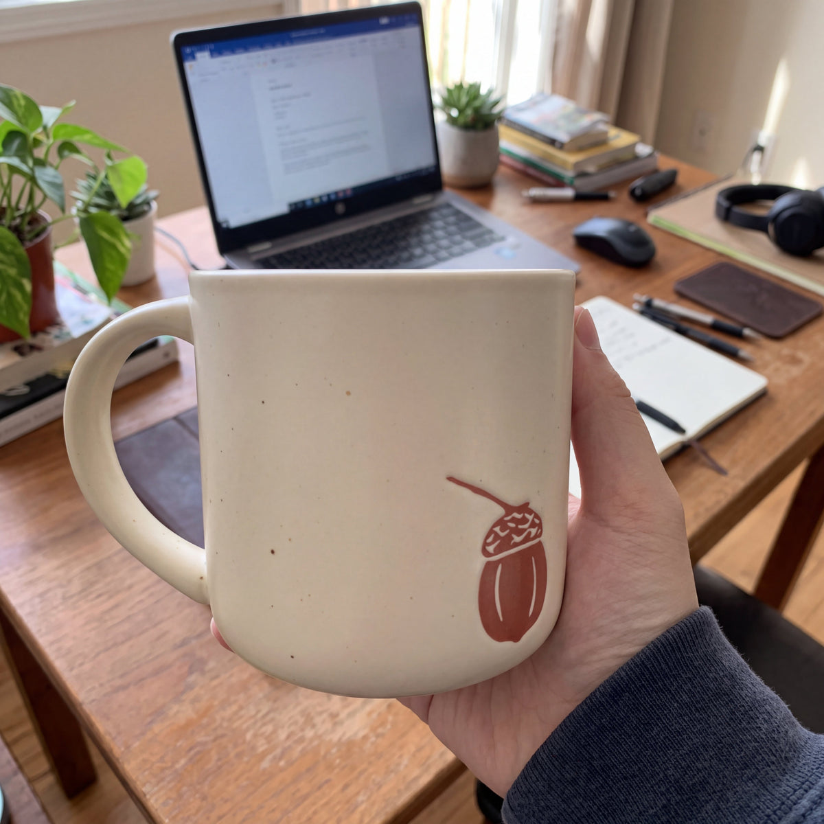 Woman holding The Acorn ceramic mug at a cozy home office desk with laptop and indoor plants