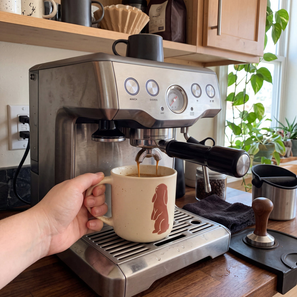 Making morning espresso into The Bunny stoneware mug on a home coffee bar station