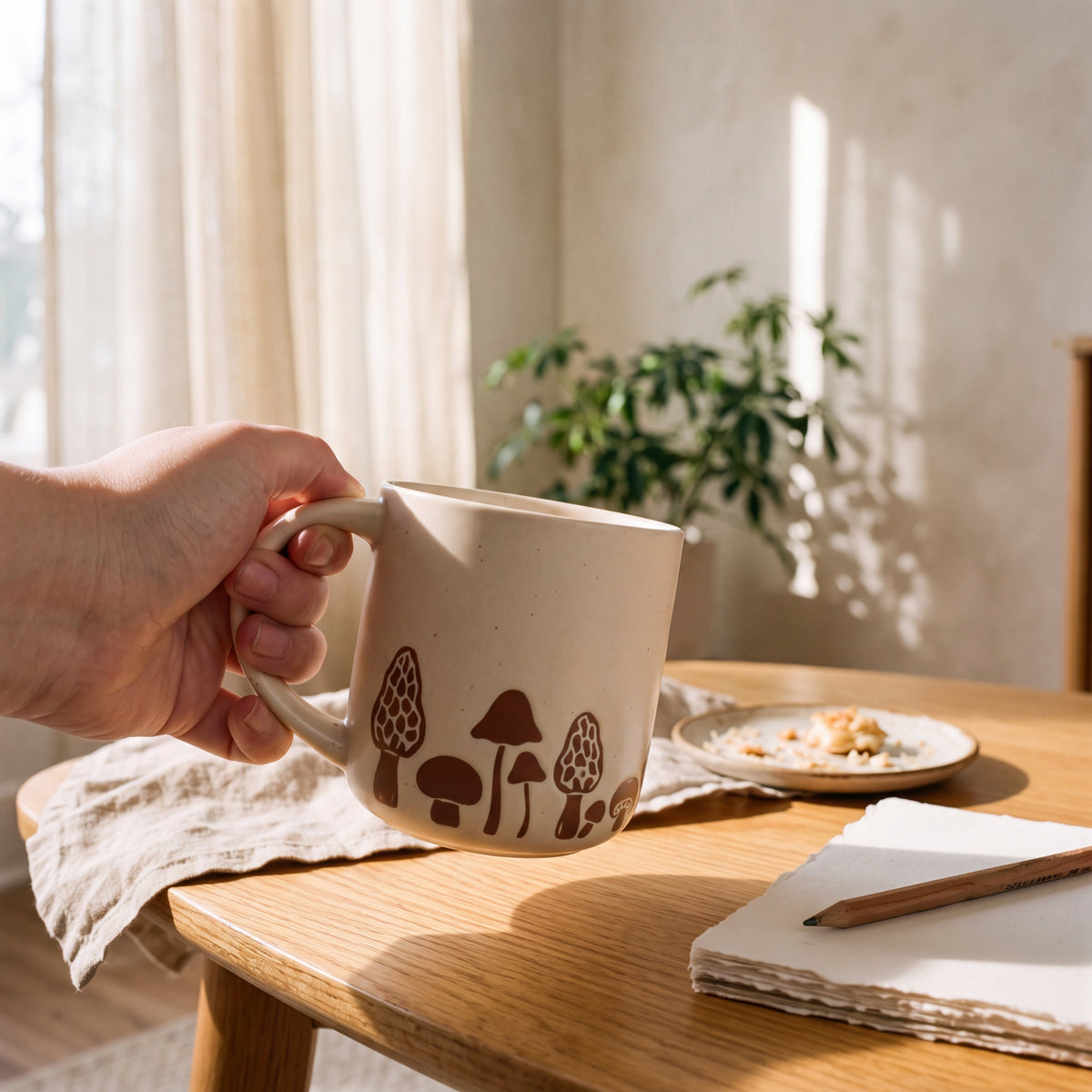 Cozy morning routine holding The Mushroom mug over a sunlit wooden desk with linen napkin and notebook