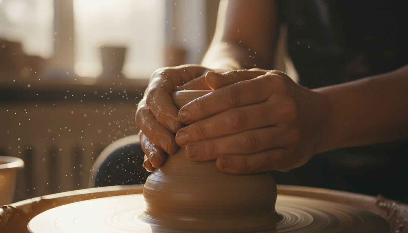 Person shaping a clay pot on a pottery wheel with a blurred background